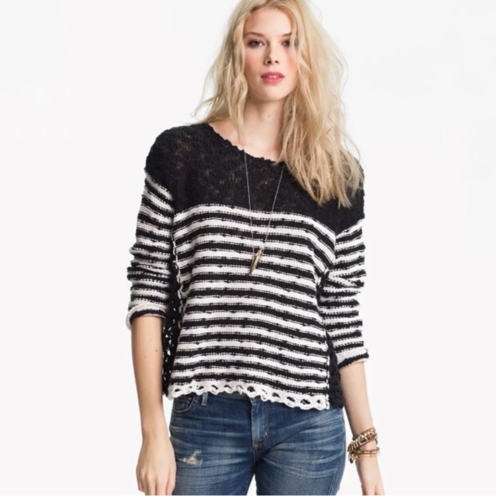 Free People Black & White Striped Crochet-Trim Crew Sweater XS